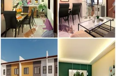 2x2 collage of renders (interiors + townhouse exterior), 1080x1350